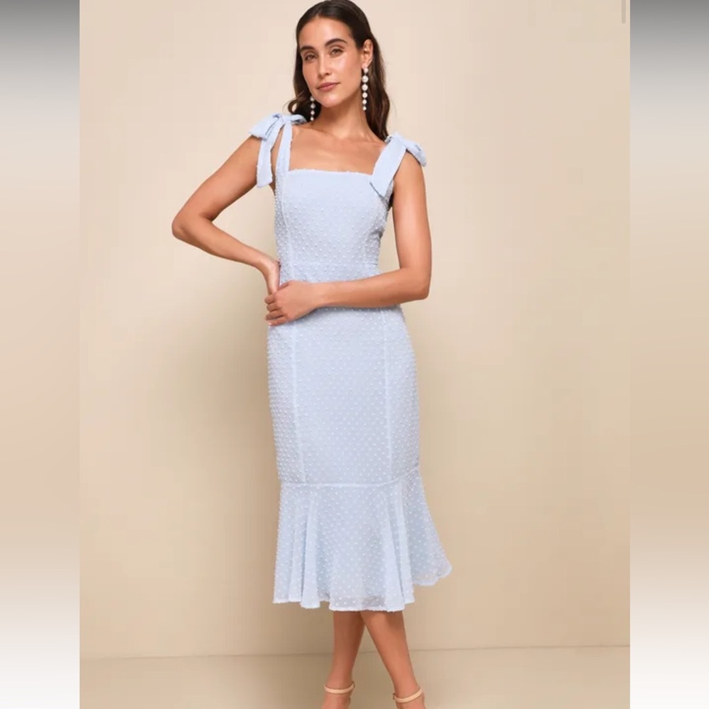 Lulu’s Bimini Periwinkle Blue Swiss Dot Tie-Strap Midi Dress